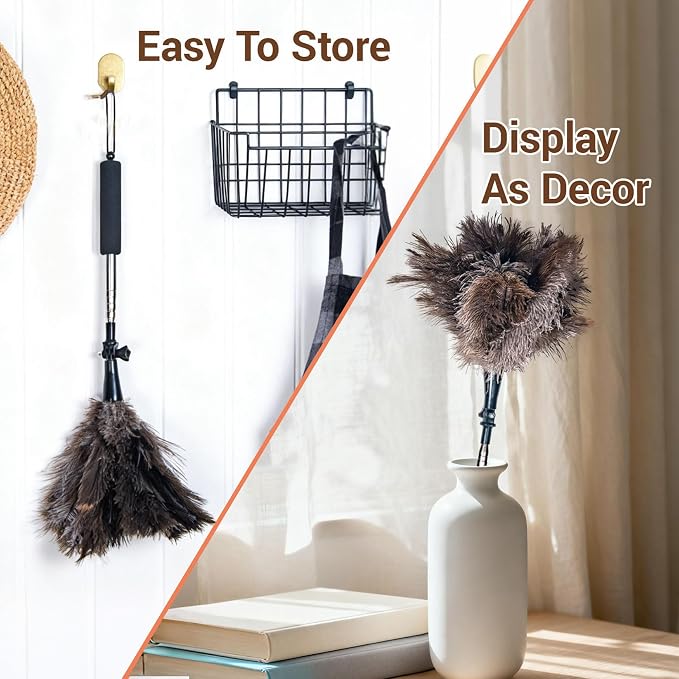 Luxury Black Curved Feather Duster, Extendable Ostrich Feather Cleaning Tool for High Ceilings, Furniture, Blinds, Walls, Soft Fluffy Long Handle Dusting(A13-Black)