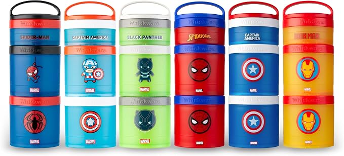 Whiskware Marvel Stackable Snack Containers for Babies, Kids, and Toddlers, 3 Stackable Snack Cups for School or Travel, Formula and Cupholder Friendly, Captain America (Pack of 12)
