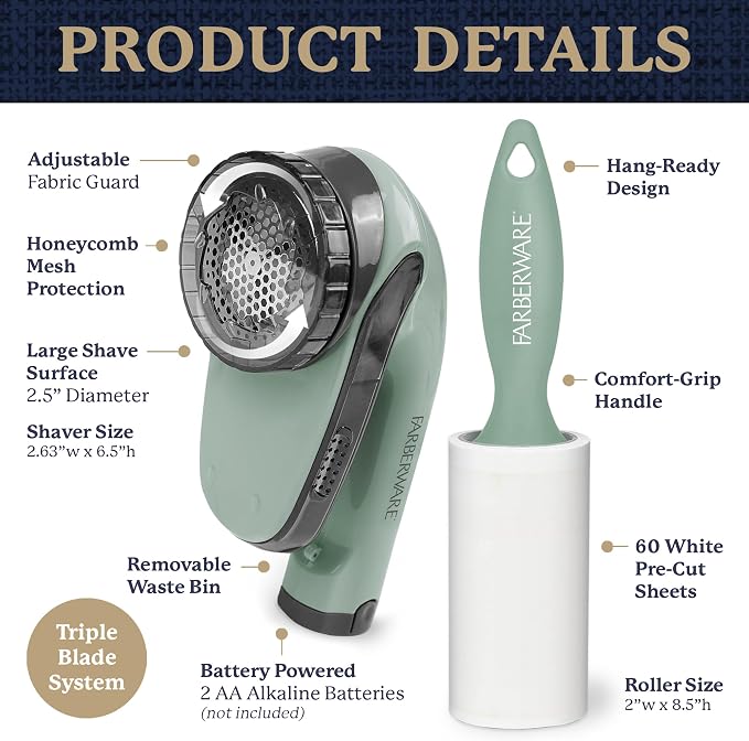 Farberware Fabric Shaver & Lint Roller Set, Large, Portable | Sticky sheets lift pet hair and dust, triple-blade design restores fabrics to like-new condition, for clothing and bedding