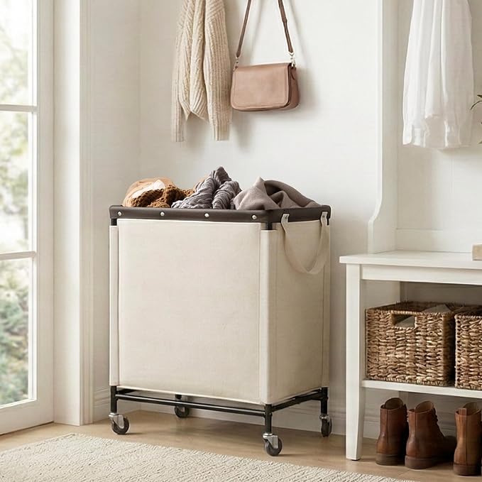 StorageWorks 3 Section Laundry Hamper, 120L Beige Sorter Cart with Wheels