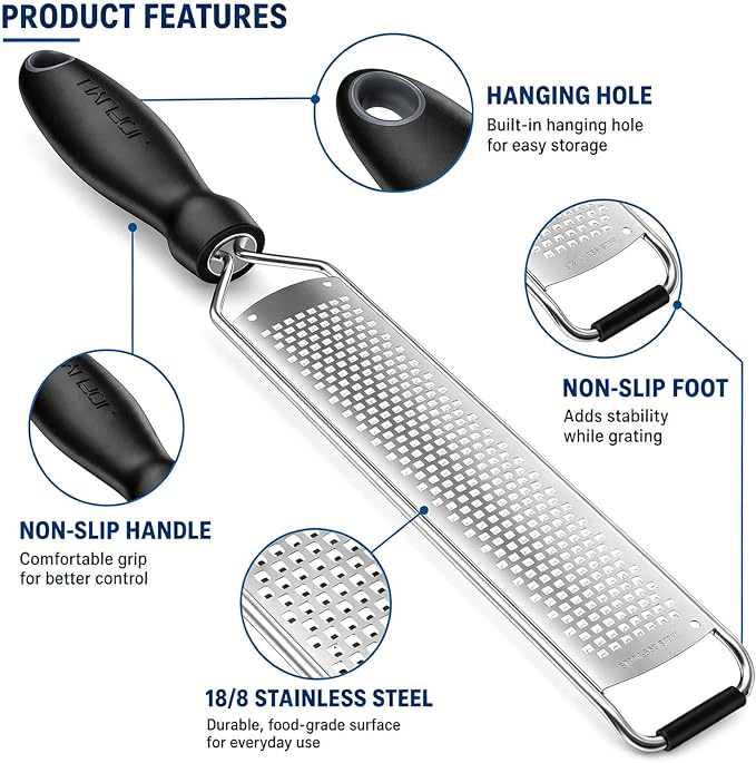 Zester Grater, Lemon Zester Grater with Handle, Premium Stainless Steel Citrus Zester for Parmesan, Garlic, Chocolate, Ginger, Non-Slip Grip, Safety Cover & Cleaning Brush, Black