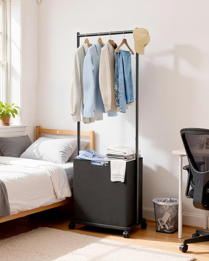 Clothes Rack - Space-Saving Clothing Rack for Hanging Clothes with Removable Laundry Basket, Reinforced Metal Garment Hanger with Wheels, Laundry Cart for Laundry, bathroom, 16.6"x12.6"x68.9", Black