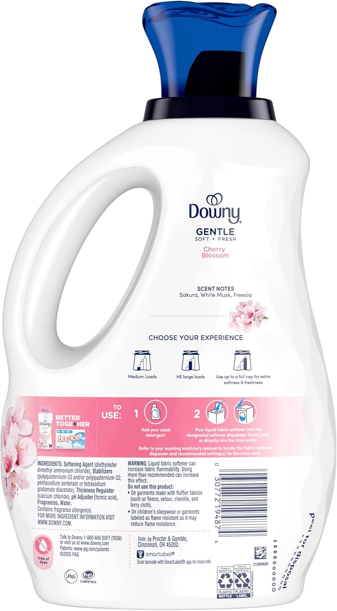 Downy Gentle Soft + Fresh Fabric Softener Liquid, Cherry Blossom Scent, 56 FL OZ, 83 loads, Liquid Fabric Softener Designed to be Gentle on Skin