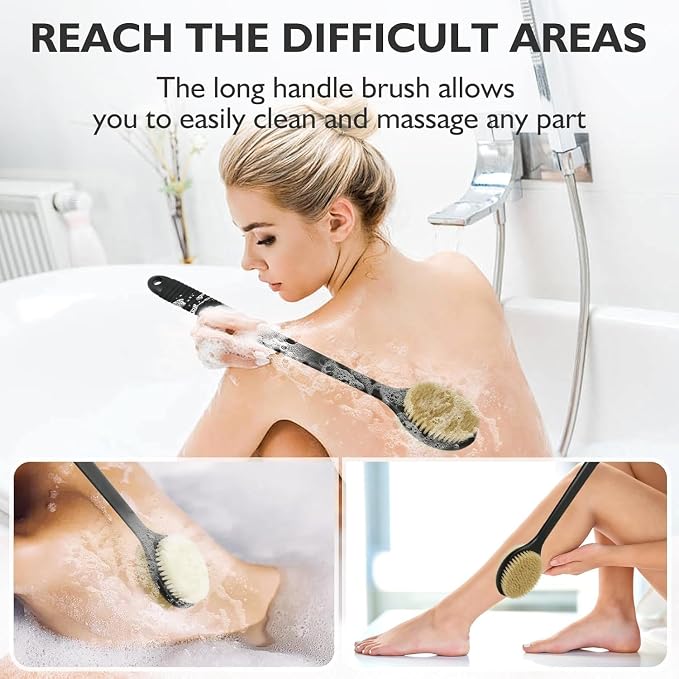 Back Scrubber for Shower, Anti-Slip Long Handle Shower Brush with Soft & Stiff Bristles, Body Exfoliator for Shower, Bath, or Dry Use (Black)