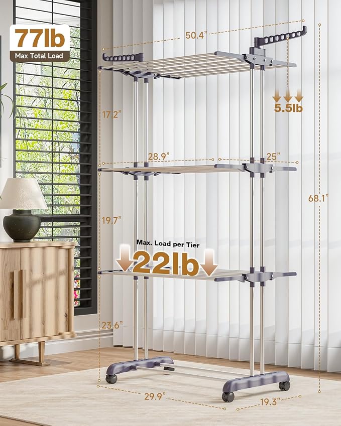 Bigzzia Clothes Drying Rack Folding with Wheels Drying Rack Clothing Clothes Horses Rack Stainless Steel Laundry Drying Rack with Two Side Wings 4 Tier Grey