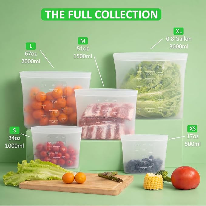 100% Platinum Silicone Reusable Storage Bags, 12 Pack, Premium Silicone Food Storage Bag Stand-Up Wide-Mouth Zip-Lock, Microwave Dishwasher Safe, 4 M + 4 S + 4 XS, Crystal-Clear