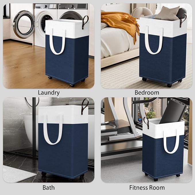 HomeHacks 90L Rolling Laundry Basket with 4 Wheels Collapsible Blue | 4 Wheels, Waterproof PEVA Lining, Cotton Flax Fabric, Metal Frame, Bathroom Laundry Room Dorm Storage, Space-Saving Design