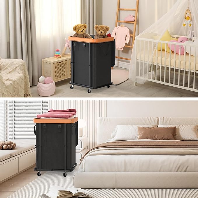 Laundry Hamper with Wheels,150L Leather Patchwork Clothes Hamper Black | Rolling Laundry Basket with Sturdy Metal Frame, Removable Washable Bag,Tall Clothes Sorter for Bedroom, Laundry Room, Dorm