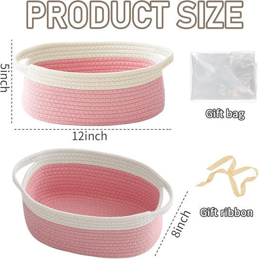 JMvicyroam Woven Basket,Small Rope Storage Bin with Handles & Ribbon Bag, Organizer for Shelves Closets,Gift Basket Empty for Birthday,Books,Dog Toys, White&Pink