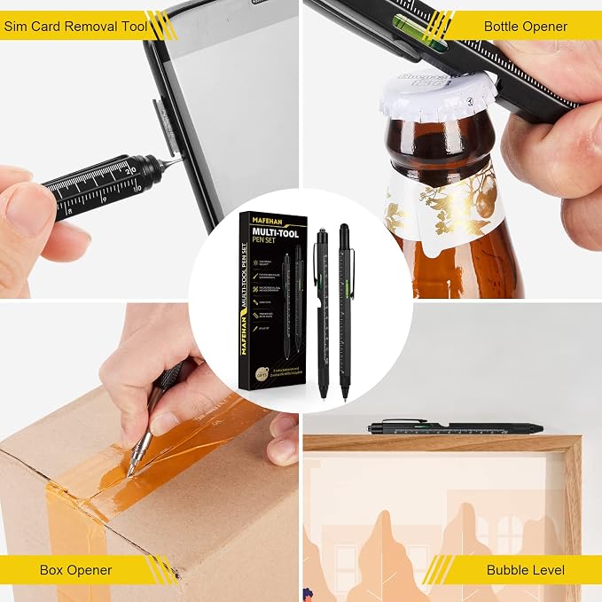 MAFEHAN 10-in-1 Multitool Pen Set, Gifts for Men Dad Husband Grandpa | LED tool pen gifts for men who have everything; aluminum EDC pen for writing, measuring, fixing and touchscreens-All Black