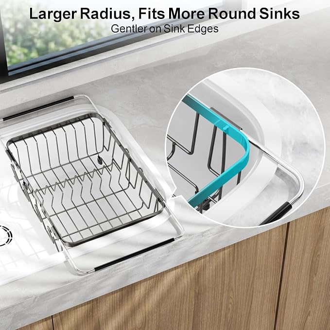 GSlife Dish Drying Rack Over the Sink with Twist-Lock Extendable Handle | Stainless Steel Dish Drainer with Cup Holder and Utensil Holder for Small Kitchen Apartment RV, Rustproof, Gunmetal Grey