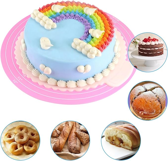 2Pcs 12 Inch Round Silicone Cake Mat with Measurements, Non-Stick Baking Mat for Cake Turntable, Dough Rolling, Cookies & Pizza, Heat Resistant Reusable Pastry Pad(Pink)