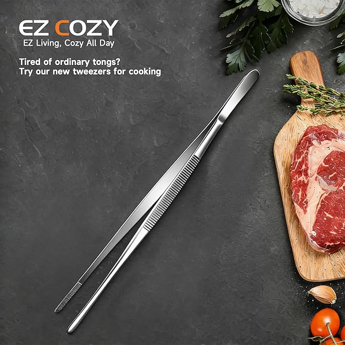 Kitchen Tweezers 1PC Cooking Tongs, Stainless Steel Food-Grade 12" Long Tweezers, Professional Heat Resistant Kitchen Utensils for Chef, Baking, Salad, Dishwasher Safe & Anti-Slip Grip Kitchen Tools