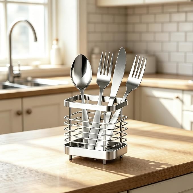 Utensil Holder, Stainless Steel Utensil Drying Rack for Kitchen Counter, Silverware Cutlery Flatware Holder Forks, Knives, Spoons, Chopsticks Organizer (Silver)