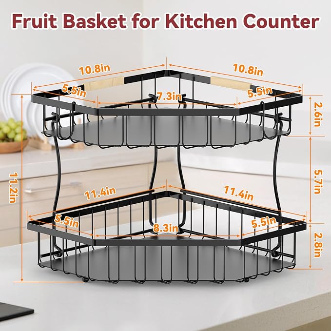 2 Tier Fruit Basket for Kitchen Counter - Detachable Metal Fruit Bowl with 2 Banana Hangers for Corner , Large Capacity Fruit Stand with Wooden Handle for Bread Fruit and Vegetable Storage- Black
