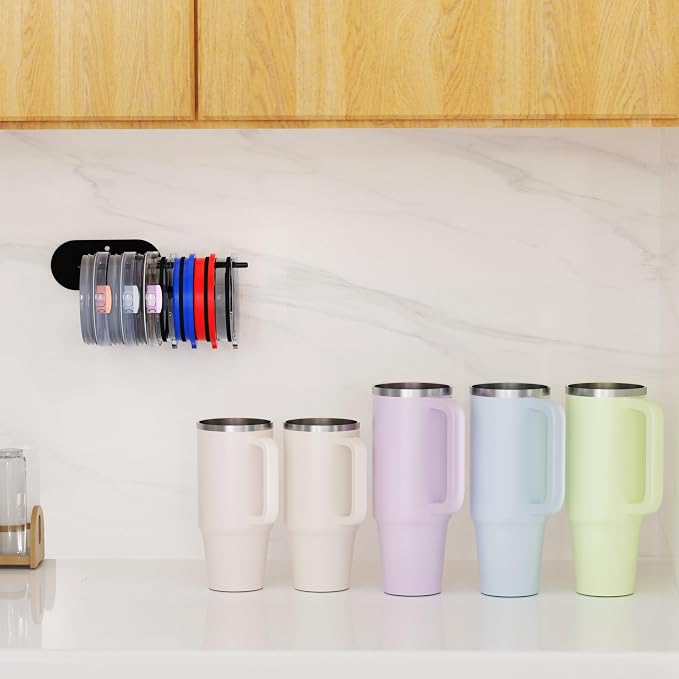 4 Pack Tumbler Lid Organizer, Space Saving Cup Lid Organizer | Yeti/Stanley/Simple Modern Lids Organizer, Self-Adhesive or Drilling Tumbler Lid Hook for Kitchen Organizers and Storage