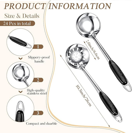 SiliFine 24 Pcs Portion Control Serving Spoons Solid and Slotted Stainless Steel Ladle Spoon 3oz Portion Scoops Cups for Kitchen Cooking Food Serving Utensils Set for Parties Buffets Home Hotels