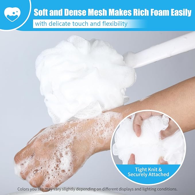 VANZAVANZU Loofah Sponge Set Back Scrubber for Shower, Anti-Slip Plastic 17" Handle Loofah on a Stick with Fluffy Shower Sponge, PE Soft Mesh Shower Loofahs-White
