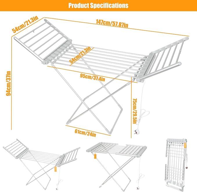 Folding Electric Heated Clothes Drying Rack, Laundry Drying Rack, 45-55℃ Constant Temperature Heated Drying Racks Free Standing Heating Garment Dryer, Space Saving(Heated Clothes Hanger)