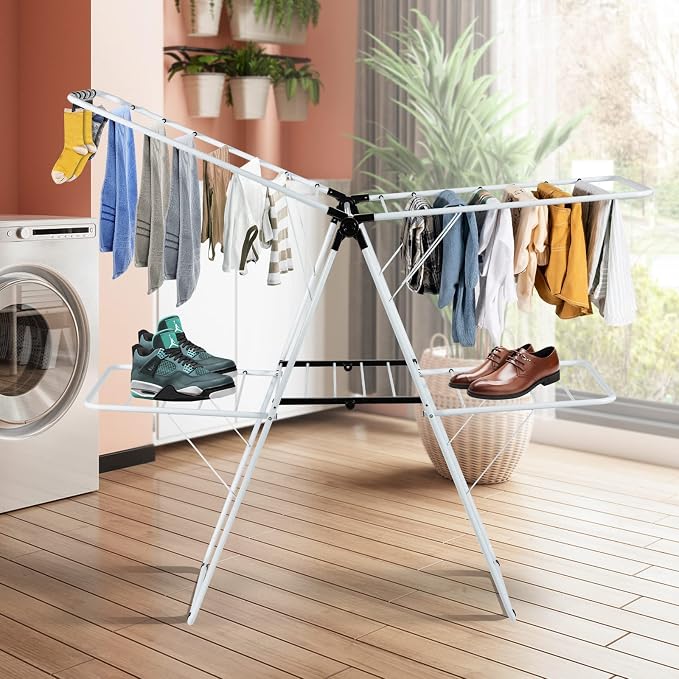 COSTWAY Clothes Drying Rack, Foldable 2 Tier Clothing Laundry Rack | Height-Adjustable Wings, 33 Drying Rails & Sock Clips, Portable Space Saving Racks for Apartment, RV, Indoor & Outdoor Use