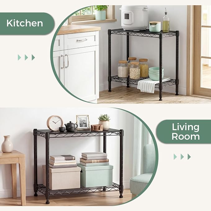 NEWBULIG 2-Tier Metal Wire Storage Shelves, Adjustable Heavy Duty Steel Shelving Unit, Freestanding Storage Rack Organizer for Kitchen, Pantry, Garage, Bathroom, 23.2" W x 13.4" D x 21.7" H, Black