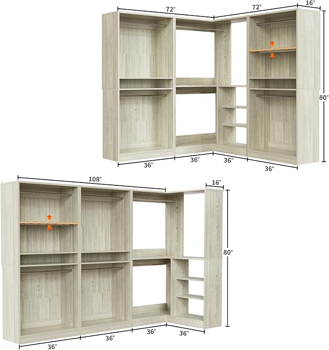 Unikito 108” Corner Closet System, 3-Piece L-Shaped Closet Organizer with 2 Closet Towers and 1 Corner Unit, Heavy Duty Wood Garment Rack with 6 Hanging Rods, Freestanding Walk-in Wardrobe, White Oak