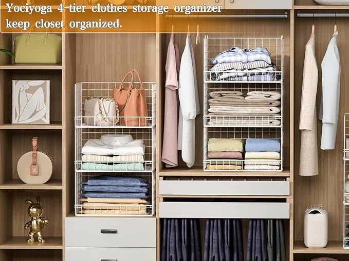Huxitocan 4-Tier Closet Shelf Organizer - Closet Organizers and Storage Basket, Stackable Closet Storage Bins, Foldable Clothes Organizers and Storage Shelves for Home Closet Organizer System
