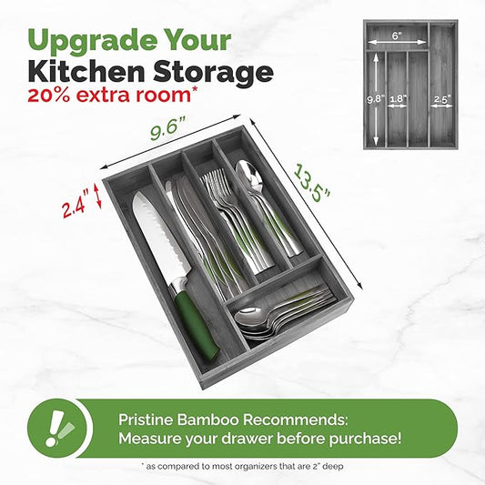 Pristine Bamboo 5-Slot Drawer Organizer - Kitchen and Utensil Organizer - Cutlery Tray - Flatware and Silverware Holder - Gray