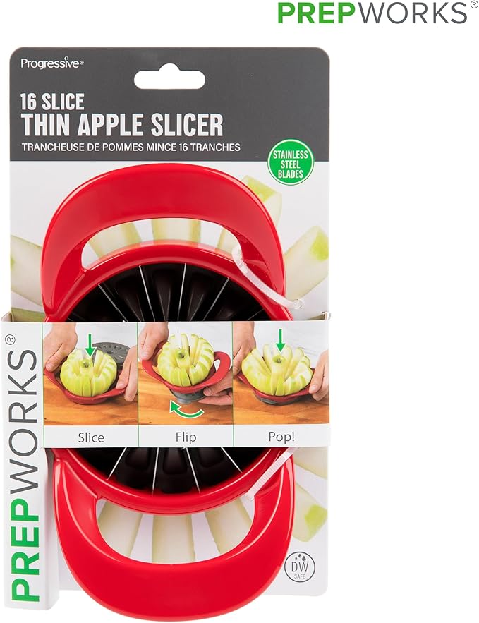 PrepWorks Apple Slicer and Corer, Attached Safety Cover, Cuts 16 Thin Apple Slices, Red