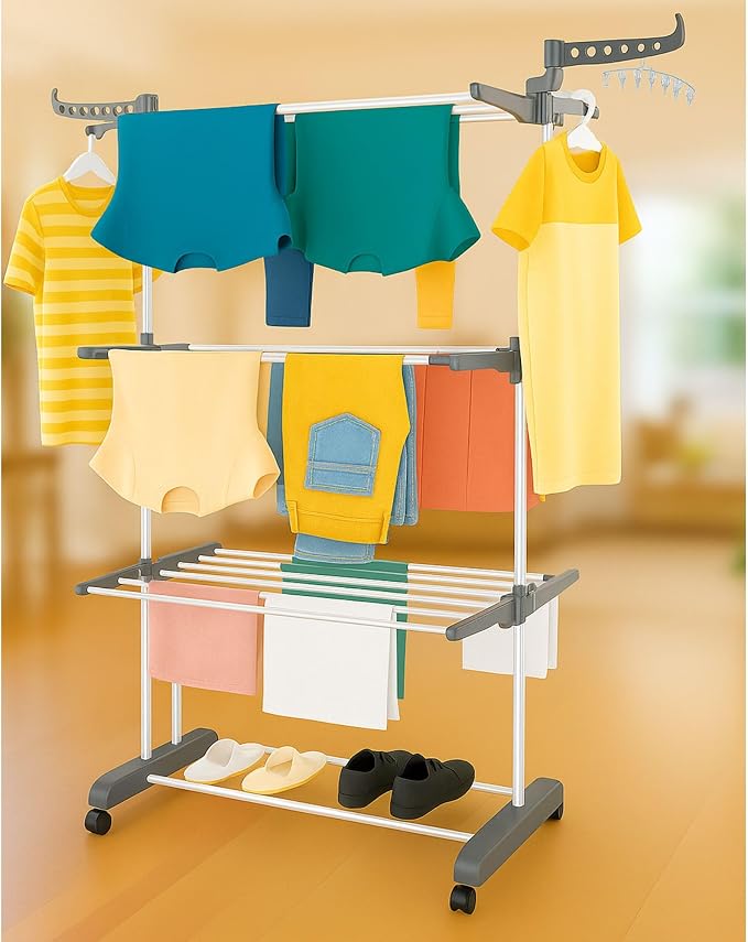 4-Tier Adjustable Stainless Steel Clothes Airer Drying Rack - Foldable (vertically), Rolling, Indoor & Outdoor Clothes Rail, Coat Stand, Laundry Hanging Rack
