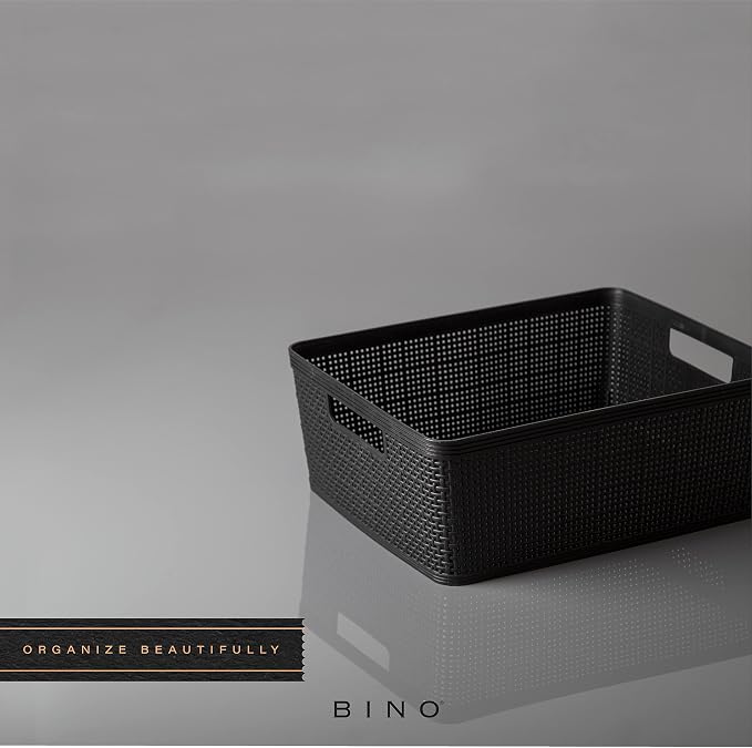BINO | Woven Plastic Basket | Medium (Black), 4-Pack | THE JUTE COLLECTION | Home Organization, Space - Saving Storage, Stylish Design | Jute Basket | Plastic Storage Basket