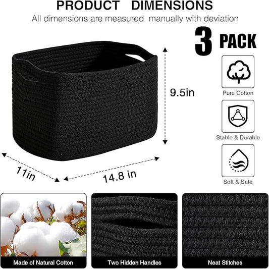 Storage Baskets for Organizing Shelves, Woven Cotton Rope Bins for Organization, Dog Toy Organizer for Shelf Living Room Bedroom, 14.8"×11"×9.5", Pack of 3, Black