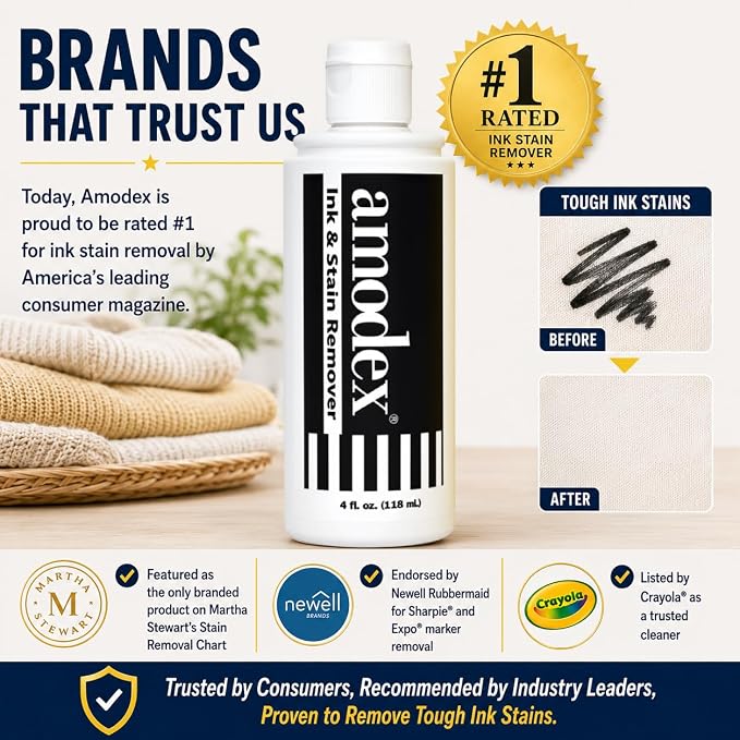 Amodex Ink & Stain Remover for Clothes, Leather and Skin - Removes Ink, Ballpoint, Sharpie, Grease and More, Works on Set-in Stains, Gentle but Powerful, 4oz/120ml Bottle (Pack of 2)