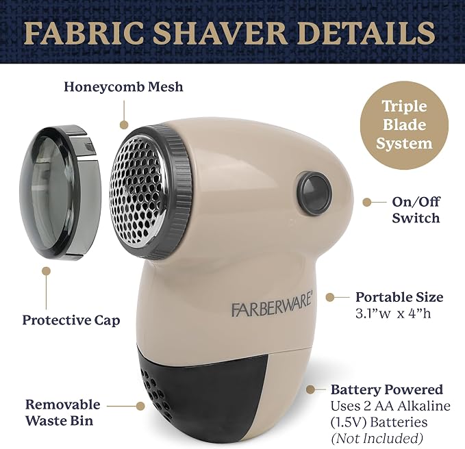 Farberware Fabric Shaver & Lint Remover for Clothing, Small, Portable | Triple blade sweater shaver removes pilling, fuzz, and lint balls from clothes, couch, and furniture, battery operated