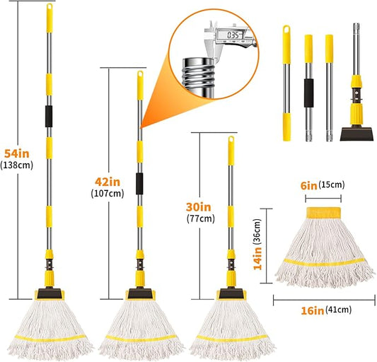 Professional Commercial Mop Industrial Heavy Duty Mop with 54" Long Handle ,Wet Mop for Home,Workshop,Garage Floors Cleaning,with 53'' Stainless Steel Mop Handle,Yellow
