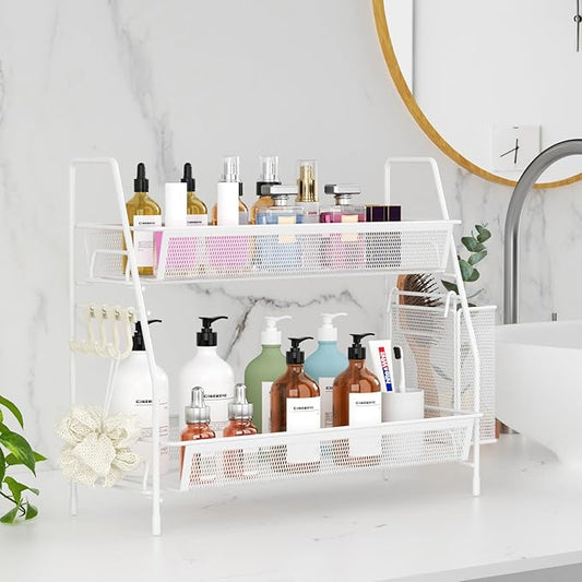 VITVITI 2-Tier Bathroom Organizer Countertop, Metal Wire Mesh Bathroom Counter Organizer Storage with Basket Hooks, Vanity Tray Shelf, Kitchen Spice Rack, White