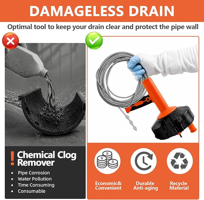 Drain Snake 8Set-33Ft Drain Clog Remover,34inch Heavy Duty Plumbing Snake,20inch Hair Clog Remover,18inch Cleaning Brush,Goggles and Gloves for Bathtub,Toilet,Sewer,Kitchen Sink,Drainage Pipe