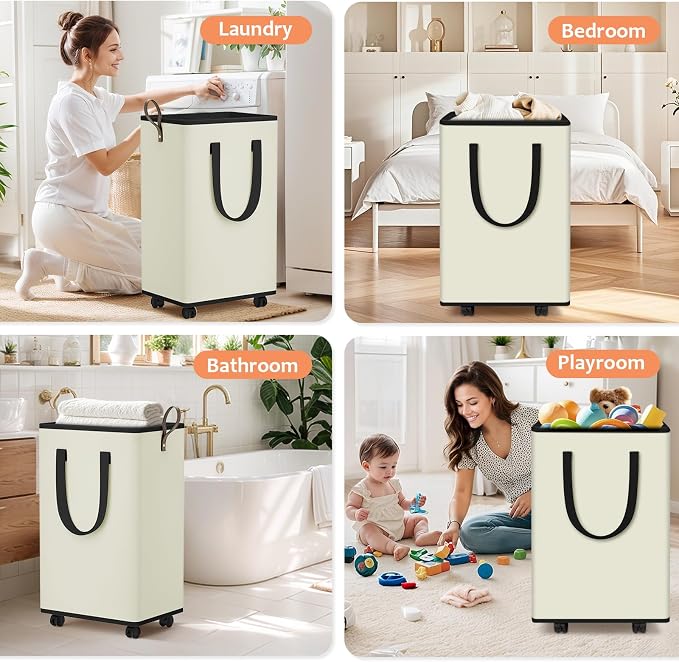 SpaceTrove Rolling Laundry Basket with Wheels, Laundry Hamper, 100L, Cream | Collapsible, 4 detachable wheels including 2 with brakes, sturdy handle, metal frame, for dorms, bathrooms and bedrooms