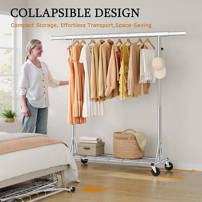 Gewudraw Clothes Rack Heavy Duty With 4" Wheels,Portable,Collapsible,Chrome | 630 LBS Capacity Rolling Clothing Rack, Shelf, Hooks, Adjustable Height, Extendable Rod, Garment Rack For Wardrobe, Bedroom