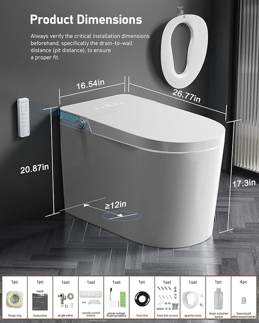 Smart Toilet with Bidet Built-in: Toilet Bidet with Dryer, Child Seat, 4 Wash Modes, One Piece Toilet with Heated Seat, Foam, Dual Flush, UV-C Night Light, Remote, Foot Sensor, Auto Flush Lid&Seat
