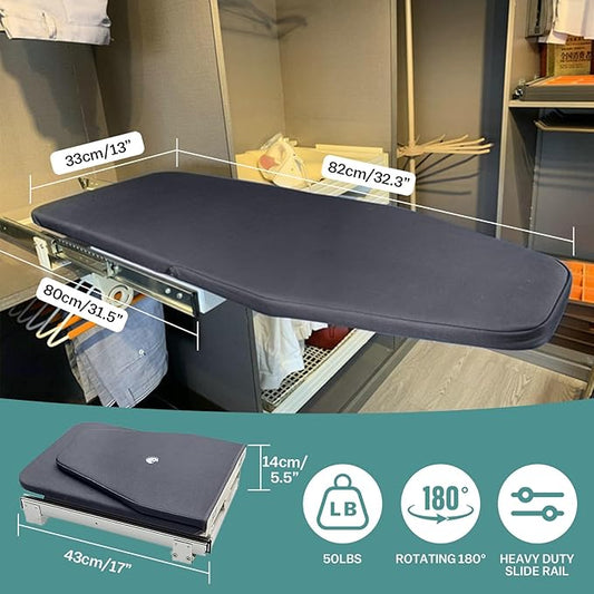 Retractable Foldable Ironing Board, 180° Swivel Pull Out Ironing Board Closet Sliding Out Space Saving with Removable Heat Resistant Ironing Board Cover