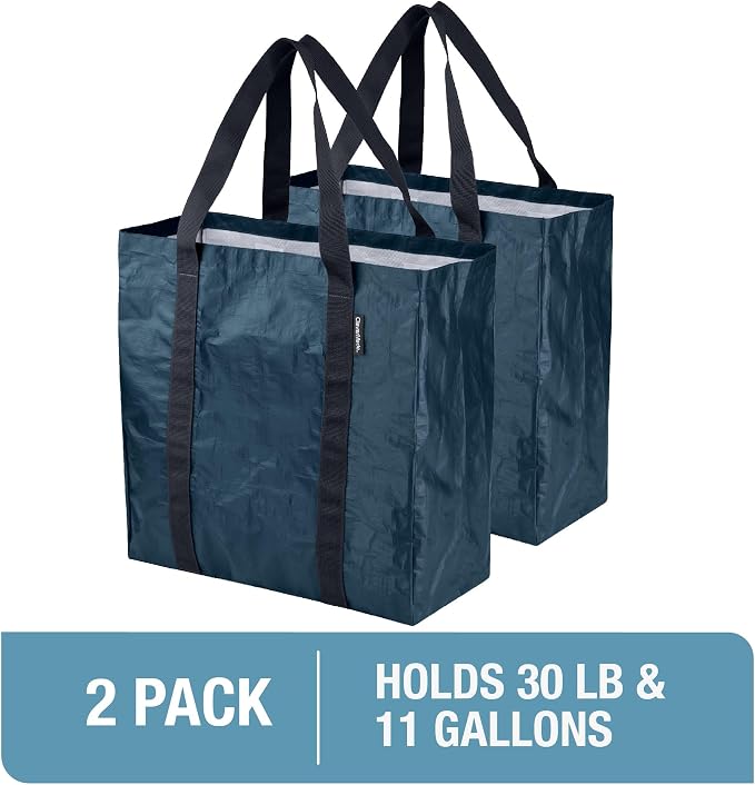 CleverMade Open-Top Storage Tote, 42L, 2 Pack, Ocean | Structured sides stay upright for grocery, laundry, beach, or delivery loading. Reinforced handles carry repeat-use loads.