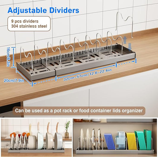 Mustorn Pots and Pans Organizer Under Cabinet, 22" Expandable Food Storage Container Lid Organizers with 9 Adjustable Dividers Pot and Pan Lid Holders Rack Inside Cabinet/Countertop(1 Pack, Gray)