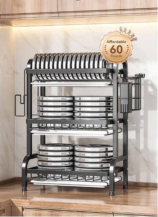 Dish Drainers for Kitchen Counter, 3 Tier Large Dish Drying Rack with Drainboard & Utensil Holders Carbon Steel Dishes Drying Rack for Kitchen Counter Storage