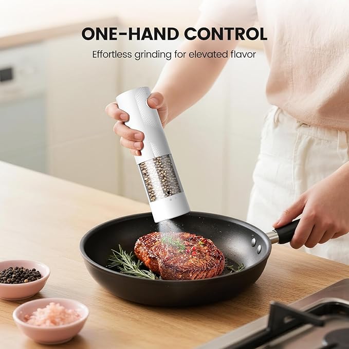 Electric Salt and Pepper Grinder Set - Rechargeable Automatic Salt and Pepper Shakers, Kitchen Appliances with External Adjustable Coarseness, Larger Hopper for Cooking, Home Gifts(2 Pack,White/White)
