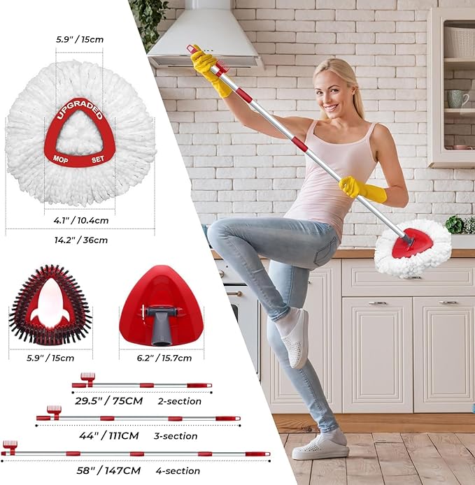 Spin Mop Replace Head Compatible with Ocedar EasyWring 1 Tank, Upgraded Scrub Brush Mop Replacement Head, 2 Microfiber Mop Refills, 1 Mop Handle, 1 Mop Base and 1 Mop Base Cleaning Brush Combo Set
