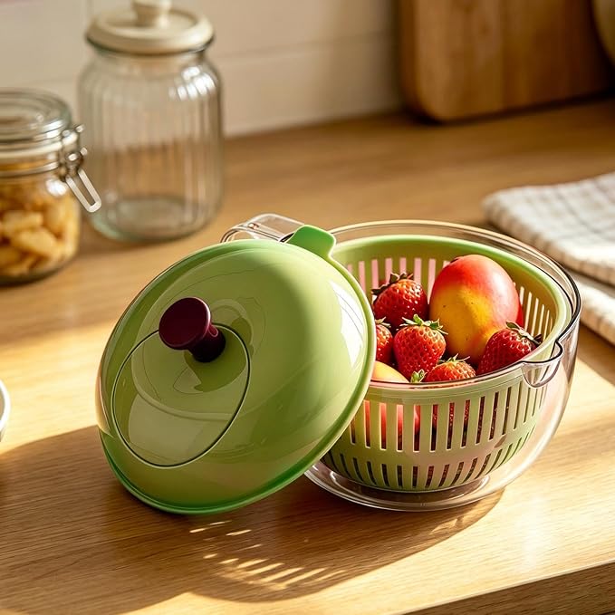 Salad Spinner, Hand Cranked Fruit Washing Spinner with Handle, Multifunctional Fruit and Vegetable Washing Bowl with Drain Basket, Reusable Salad Dehydrator Drainer for Home Kitchen