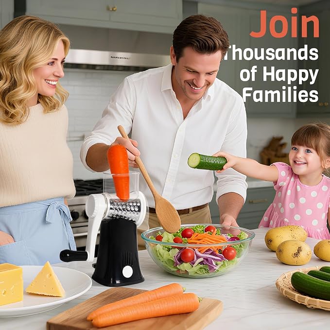 5-in-1 Rotary Cheese Grater Hand Crank, Vegetable Slicer Shredder with 5 Interchangeable Blades, Graters for Kitchen, Safe Kitchen Tool for Cheese, Nuts, Chocolate, Black