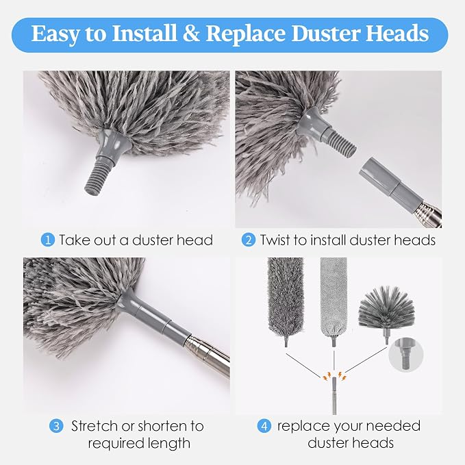 Cobweb Duster with Extension Pole, Washable Cleaning Microfiber Feather Duster 5-in-1 Kit with 3 Duster Heads, 100'' Bendable Extendable Long Duster for High Ceilings, Fans, Blinds, Furniture & Car