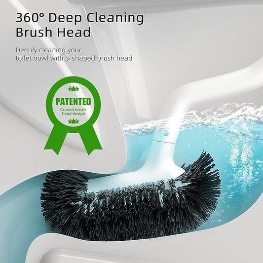 HAMITOR Toilet Bowl Brush Holder Set: 3 Pack Bathroom Deep Cleaning Toilet Cleaner Scrubber Under Rim with Curved Bristle for Dead Corner Clean - Hidden Rv Toilet Decorative Accessories with Caddy